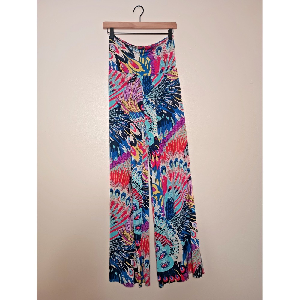 Yelete Peacock Palazzo Yoga Pants Wide Leg Roll Down Waist Sheer Womens S RawHem